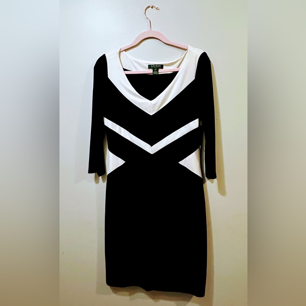 Lauren Ralph Lauren Navy Blue and White Long Sleeve Dress Size 10